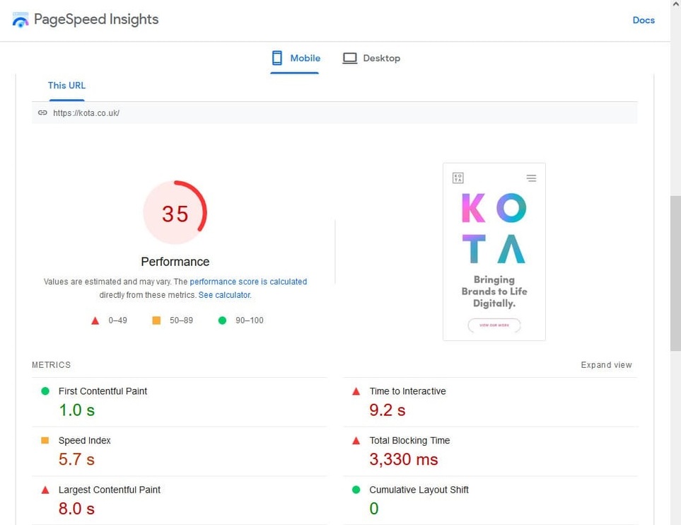 Page Speed Insights - Kota.co.uk page load speed