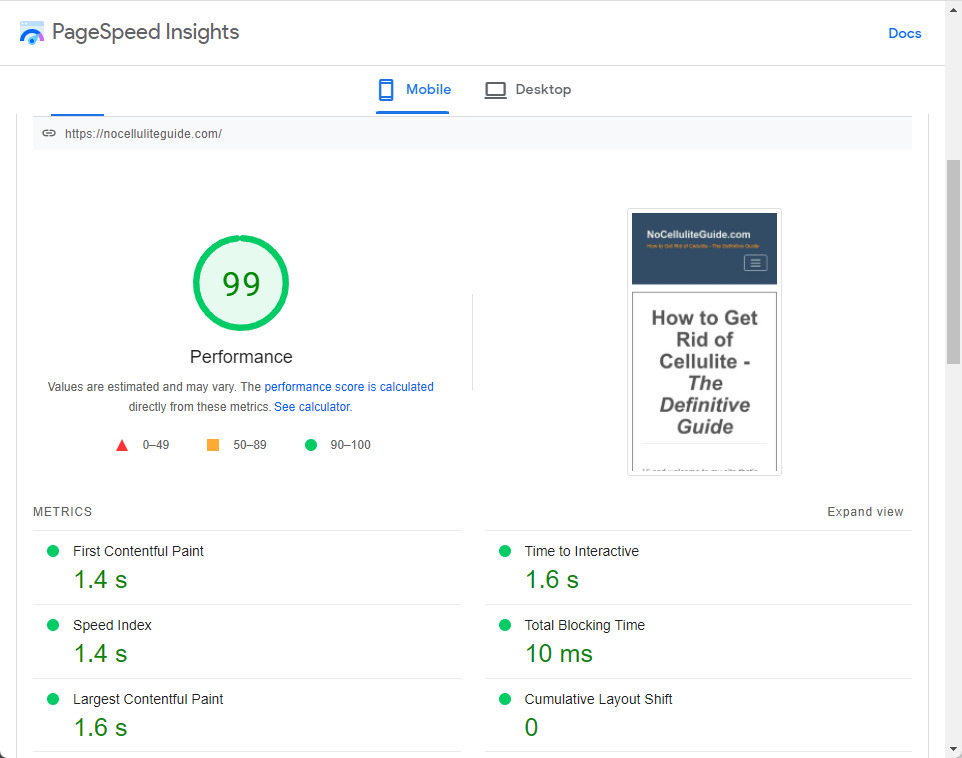 PPage Speed Insights - nocelluliteguide.com page load speed
