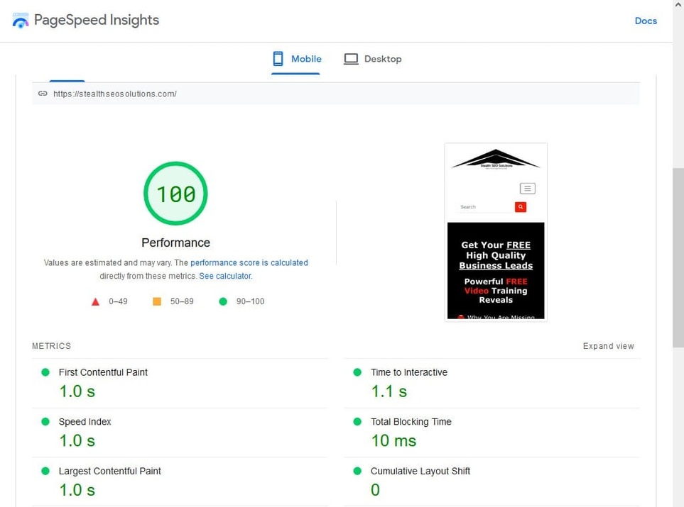 Page Speed Insights - stealthseosolutions.com page load speed